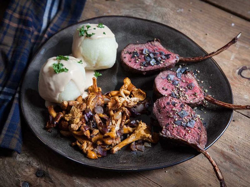 A rack of venison sous vide with chanterelles and dumplings